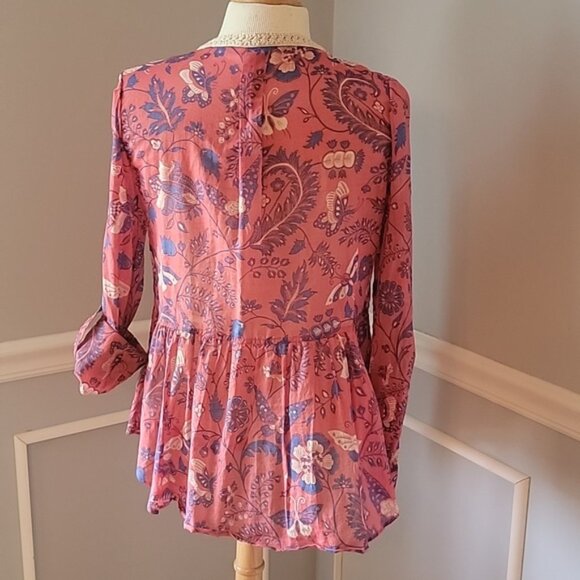 MAEVE | ANTHRO Abella Pink Blue Butterfly Crochet Pintuck Boho Cottage Top 4 - Picture 3 of 9